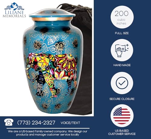 Silky Flower Store Blue Elephant Floral Funeral Urn, Spiritual Aluminum Adult Ashes Memorial, Large Size 32.5cm 2 2 Product: Blue Funeral urn with Elephant - Floral Spiritual Indian Design - Cremation Urn for Human Ashes - Aluminum -Suitable for Cemetery Burial or Niche - Large Size fits Remains of Adults up to 200 lbs