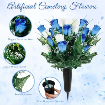Product: XunYee 3 Pcs Artificial Cemetery Flower Set Cemetery Flowers Saddle Flowers Rose Bouquets with Vase 1 Saddle and 2 Memorial Bouquets for Outdoor Headstone Decor Grave(Blue, White)