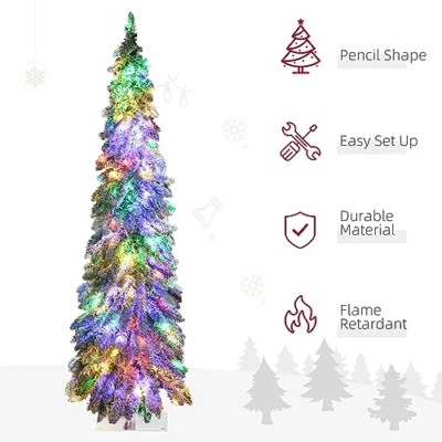 Silky Flower Store HOMCOM Prelit Pencil Artificial Christmas Tree, Snow Flocked Branches, 150 LED Lights, Downswept Shape, 5ft 14 14 Product: HOMCOM 5ft Tall Prelit Pencil Artificial Christmas Tree Holiday Décor with 334 Snow Flocked Branches, 150 Warm White or Colorful LED Lights, Downswept Shape