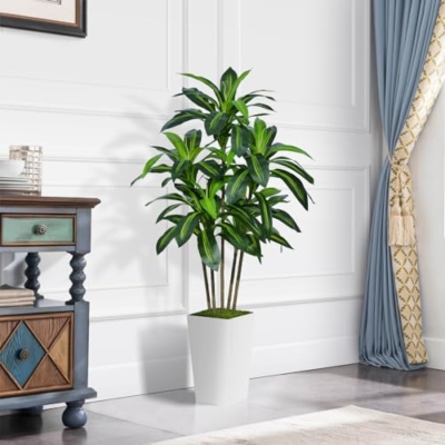 Product: ASTIDY Artificial Dracaena Tree 5FT - Faux Tree with White Tall Planter - Fake Tropical Yucca Floor Plant in Pot - Artificial Silk Tree for Home Office Living Room Decor Indoor