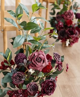 Silky Flower Store Bordeaux Red Artificial Wedding Flower Arrangements, 4 Piece Ceremony Aisle Decor, Tall Standing Faux Florals 17.5in 9 9 Product: Ling's Moment 17.5" Tall Standing Artificial Flowers Arrangements 4pcs Fall Wedding Aisle Runner Chair Decorations Bordeaux Red Centerpieces for Ceremony Reception Rose Floral Party Outdoor