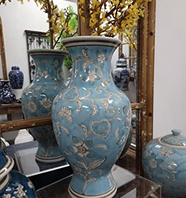 Product: Galt International Light Blue and White Flower & Heart Chinoiserie Ceramic Vase 14"- Hand Painted Antique Style Porcelain Flower Bottle Fishtail Porcelain Chinese Vase for Home Decor Centerpiece