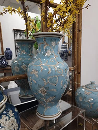 Product: Galt International Light Blue and White Flower & Heart Chinoiserie Ceramic Vase 14"- Hand Painted Antique Style Porcelain Flower Bottle Fishtail Porcelain Chinese Vase for Home Decor Centerpiece