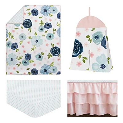 Product: Sweet Jojo Designs 4-Piece Baby Crib Bedding Set (Pink/Blue Boho Floral) for Girls, Infants/Nursery incl. Blanket, Fitted Sheet, Skirt, Diaper Stacker (Watercolor, Rose, Polka Dot, Shabby Chic, Navy)