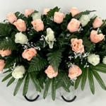 Product: Cemetery Headstone Saddle Flower Arrangement in Peach and Cream Roses-Grave Marker Decoration, Sympathy Flowers