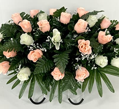 Product: Cemetery Headstone Saddle Flower Arrangement in Peach and Cream Roses-Grave Marker Decoration, Sympathy Flowers