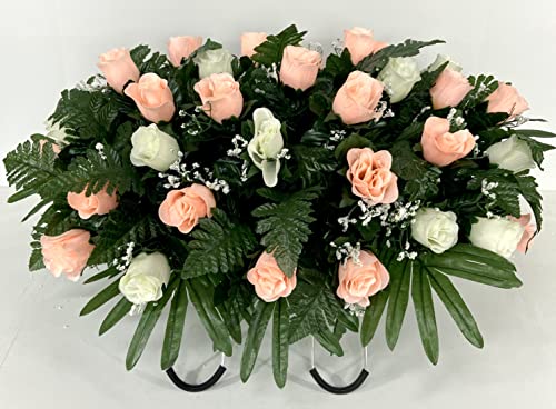 Product: Cemetery Headstone Saddle Flower Arrangement in Peach and Cream Roses-Grave Marker Decoration, Sympathy Flowers