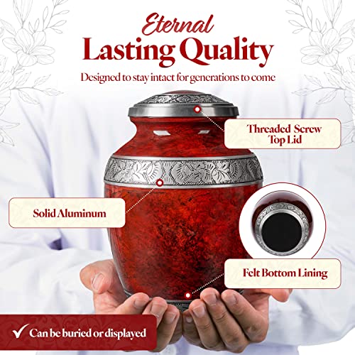 Product: GSM Brands Cremation Urn for Adult Human Ashes - Large Handcrafted Funeral Memorial, Red Color (Aluminum - 9.6 x 6.8)