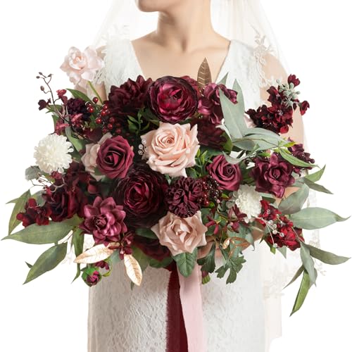Ling's Moment Red Wedding Bouquets for Bride, Burgundy and Blush Bridal Bouquets for Bride,17 Inch Free Form Artificial Wedding Flower Bouquet - Artificial Flower Arrangements Product: Ling's Moment Red Wedding Bouquets for Bride, Burgundy and Blush Bridal Bouquets for Bride,17 Inch Free Form Artificial Wedding Flower Bouquet