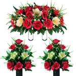 Product: Sympathy Silks Artificial Cemetery Flowers – Realistic Vibrant Roses, Outdoor Grave Decorations - Non-Bleed Colors, and Easy Fit -2 Cream Pink Amaryllis & Fuchsia Rose Bouquet with Saddle