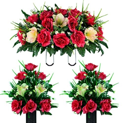 Product: Sympathy Silks Artificial Cemetery Flowers – Realistic Vibrant Roses, Outdoor Grave Decorations - Non-Bleed Colors, and Easy Fit -2 Cream Pink Amaryllis & Fuchsia Rose Bouquet with Saddle
