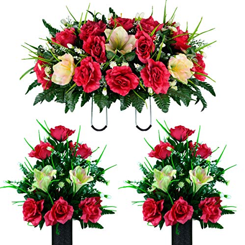 Product: Sympathy Silks Artificial Cemetery Flowers – Realistic Vibrant Roses, Outdoor Grave Decorations - Non-Bleed Colors, and Easy Fit -2 Cream Pink Amaryllis & Fuchsia Rose Bouquet with Saddle