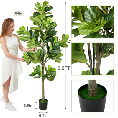 Product: KOL 6.2ft 2-Pack Artificial Fiddle Leaf Fig Trees, 74.8’’ Tall Fake Ficus Lyrata Plants, Faux Greenery for Home, Office, Living Room, Indoor & Outdoor Decoration, Housewarming Gift