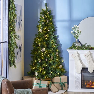 Product: Home Heritage Half Pine 7 Foot Pre-Lit Artificial Christmas Tree Holiday Decor with 150 Warm White LED Lights and Stand, Green