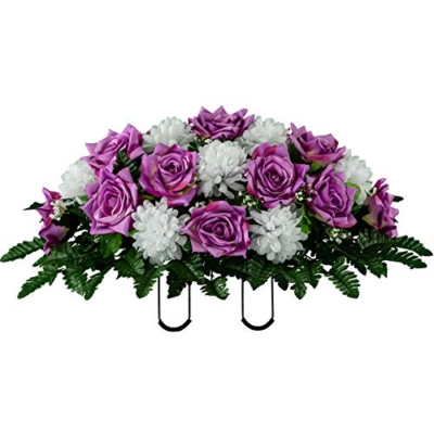 Silky Flower Store Sympathy Silks Artificial Cemetery Flowers, Lavender Open Rose White Mum Saddle, UV Resistant, 32.5cm 17 17 Product: Sympathy Silks Artificial Cemetery Flowers - Realistic - Outdoor Grave Decorations - Non-Bleed Colors, and Easy Fit - Lavender Open Rose with White Mum Saddle for Headstone