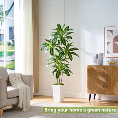 Product: Artificial Dracaena Tree Artificial Silk Tree Faux Tree Fake Tropical Yucca Floor Plant with White Tall Planter (1, White Tall Planter, 6FT)