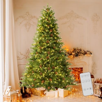 Product: GOFLAME 7FT Pre-Lit Christmas Tree - Quick Shape Artificial Xmas Tree with 700 LED Lights, Remote, Timer & Pine Cones for Holiday Home Office Decor