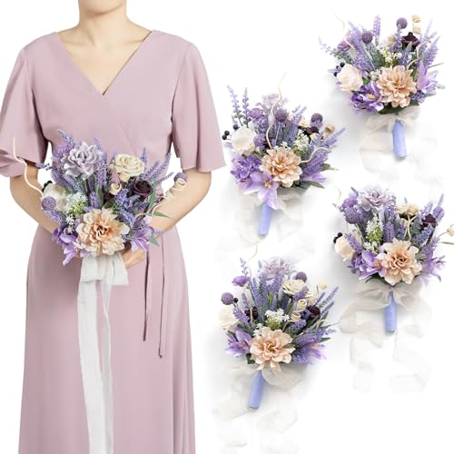 Ling's Moment Artificial Flowers Purple Bridesmaid Bouquet Set of 4, Lavender Wedding Flowers Bouquets for Bridesmaids, 7 Inch Bridal Bouquets for Bridesmaids, Wedding, etc - Artificial Flower Arrangements Product: Ling's Moment Artificial Flowers Purple Bridesmaid Bouquet Set of 4, Lavender Wedding Flowers Bouquets for Bridesmaids, 7 Inch Bridal Bouquets for Bridesmaids, Wedding, etc