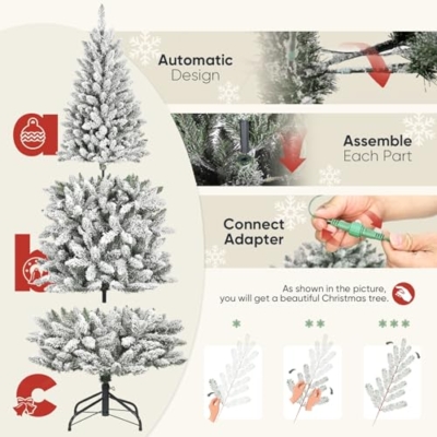 Silky Flower Store Slim Flocked Prelit Christmas Tree, 1200 Branch Tips, Warm White LED Lights, 7.5ft 14 14 Product: 7.5ft Slim Flocked Prelit Christmas Tree with 1200 Realistic Branch Tips - Easy Set-Up Artificial Pencil Tree