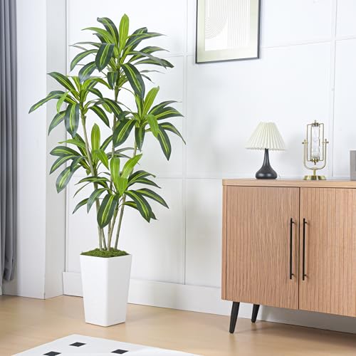 Product: Artificial Dracaena Tree Artificial Silk Tree Faux Tree Fake Tropical Yucca Floor Plant with White Tall Planter (1, White Tall Planter, 6FT)