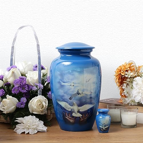 Product: THE ASCENT MEMORIAL Blue Urn for Human Ashes Adult Male Female | Large Cremation Urn | Handcrafted Funeral Small Keepsake Vial | 2 Velvet Carry Bags for Urns & Keepsakes