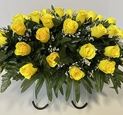 Product: Yellow Rose with Baby's Breath Flowers Cemetery Headstone Saddle Arrangement