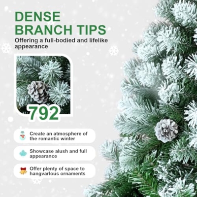 Silky Flower Store Snow Flocked Artificial Christmas Tree, Unlit Flocked Spruce with Pine Cones, 6ft 9 9 Product: Kadunmina 6ft Snow Flocked Artificial Christmas Tree Unlit Snowy Pine Tree for Home Office Holiday Indoor Outdoor Decoration Flocked Spruce Full Tree with 792 Branch Tips, Pine Cones, Metal Base