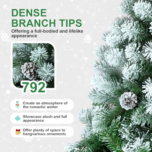 Silky Flower Store Snow Flocked Artificial Christmas Tree, Unlit Flocked Spruce with Pine Cones, 6ft 2 2 Product: Kadunmina 6ft Snow Flocked Artificial Christmas Tree Unlit Snowy Pine Tree for Home Office Holiday Indoor Outdoor Decoration Flocked Spruce Full Tree with 792 Branch Tips, Pine Cones, Metal Base