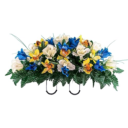 Sympathy Silks Artificial Cemetery Flowers – Realistic Vibrant Tulips, Outdoor Grave Decorations - 30" Blue Tulip White Iris Saddle for Headstone - Artificial Flower Arrangements Product: Sympathy Silks Artificial Cemetery Flowers – Realistic Vibrant Tulips, Outdoor Grave Decorations - 30" Blue Tulip White Iris Saddle for Headstone