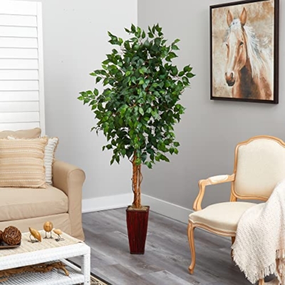 Silky Flower Store Artificial Ficus Tree with Bamboo Planter, 6ft Green Faux Indoor Tree Decor, Lifelike Home Office Plant 6ft 6 6 Product: Nearly Natural 5931 6ft. Ficus Tree with Bamboo Planter,Green