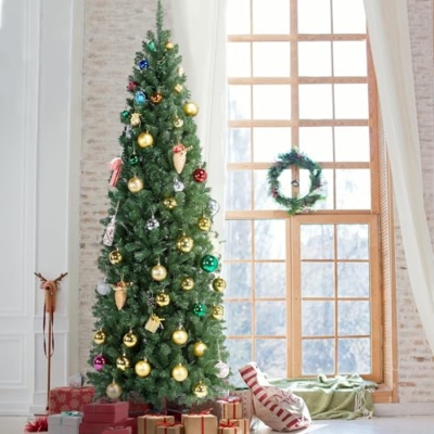 Silky Flower Store 7.5ft Pre-lit Kingswood Fir Pencil Artificial Christmas Tree, 350 Warm White Lights, Foldable Stand, Green, 7.5ft 17 17 Product: Yaheetech 7.5ft Pre-lit Kingswood Fir Pencil Artificial Hinged Christmas Tree Skinny Corner Xmas Tree with 350 Incandescent Warm White Lights Prelighted Xmas Tree with Foldable Stand, Green