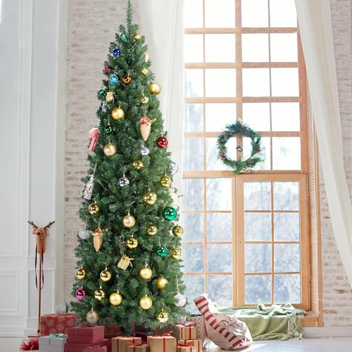 Silky Flower Store 7.5ft Pre-lit Kingswood Fir Pencil Artificial Christmas Tree, 350 Warm White Lights, Foldable Stand, Green, 7.5ft 8 8 Product: Yaheetech 7.5ft Pre-lit Kingswood Fir Pencil Artificial Hinged Christmas Tree Skinny Corner Xmas Tree with 350 Incandescent Warm White Lights Prelighted Xmas Tree with Foldable Stand, Green