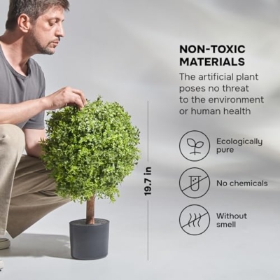 Product: FLORAMUSE Artificial Plants Indoor Outdoor - Set of 2 Topiary Boxwood Trees – 24” High Pre-Potted Faux Trees - Plant Decor for Front Porch Home Office - Topiary Ball