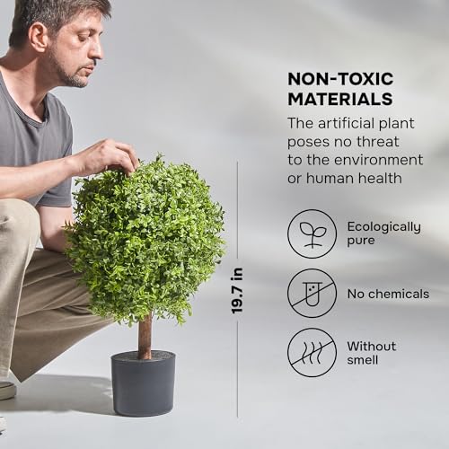 Product: FLORAMUSE Artificial Plants Indoor Outdoor - Set of 2 Topiary Boxwood Trees – 24” High Pre-Potted Faux Trees - Plant Decor for Front Porch Home Office - Topiary Ball