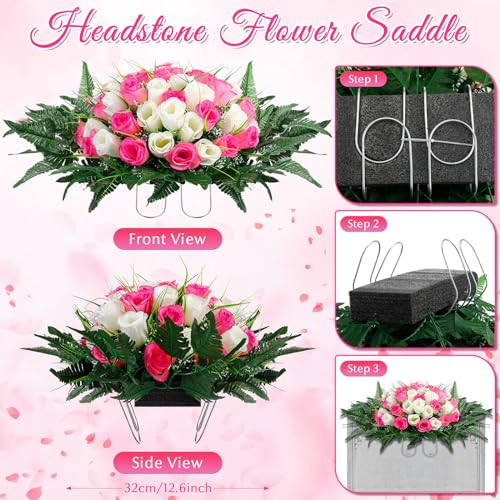 Product: XunYee 3 Pcs Artificial Cemetery Flower Set Cemetery Flowers Saddle Flowers Rose Bouquets with Vase 1 Saddle and 2 Memorial Bouquets for Outdoor Headstone Decor Grave(Pink, White)
