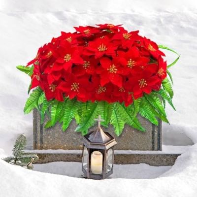 Product: GRPFS Christmas Cemetery Flowers Red Poinsettias Headstone Flowers Saddle Realistic Memorial Flower Arrangement for Outdoor Grave Decorations