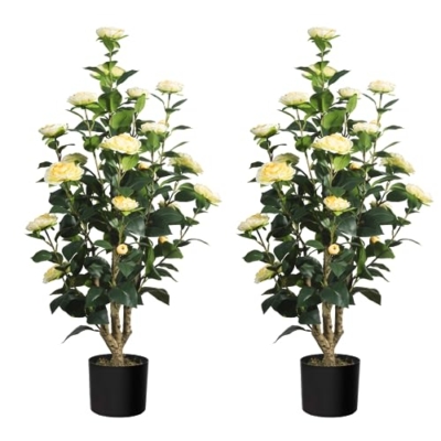 Product: Romantic Season 2Pack Artificial Camellia Tree, 3FT Yellow Faux Camellia Plant for Modern Home, Office & Living Room Floor Decor