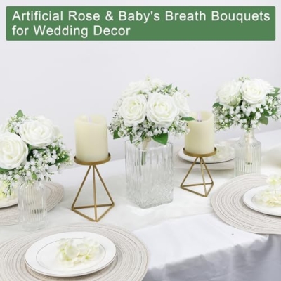 Silky Flower Store Artificial Bridesmaid Bouquets, Ivory White Rose Babys Breath Silk Bouquet, Set of 6, 7 Inch 12 12 Product: SEMONONIA Artificial Bridesmaid Bouquets Set of 6-7 Inch Bridesmaid Bouquets Ivory White Rose Babys Breath Pre-Made Silk Flower Bouquet for Wedding Bridal Shower Centerpiece Ceremony and Anniversary