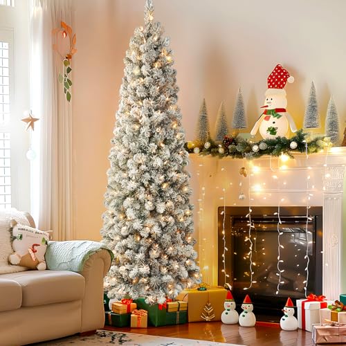 Product: SHareconn 7.5ft Prelit Snow Flocked Slim Pencil Christmas Tree - Warm White Lights & Full Branch Tips for Festive Holiday Decor
