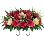 Product: Sympathy Silks Artificial Cemetery Flowers – Realistic- Outdoor Grave Decorations - Non-Bleed Colors, and Easy Fit - Cream Pink Amaryllis & Fuchsia Rose Saddle for Headstone