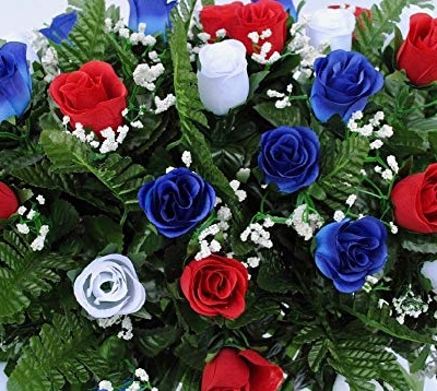 Silky Flower Store Patriotic Cemetery Headstone Saddle Flowers, Red White Blue Roses with Flags, Artificial USA Memorial Spray 20.5cm 9 9 Product: Patriotic Cemetery Headstone Saddle Flowers in Red White and Blue Roses with Flags