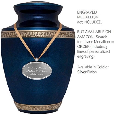Silky Flower Store Blue Brass Cremation Urn for Human Ashes, Torino Model, Hand Painted Cobalt Blue with Gold Bands, 10 x 6.7in 7 7 Product: Blue Funeral Cremation Urn for Human Ashes - Hand Made in Brass - Suitable for Cemetery Burial or Niche - Large Size fits Remains of Adults up to 200 lbs - Torino Model