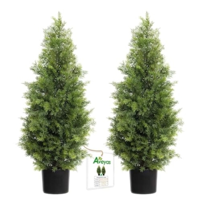 Product: Aveyas 3ft Artificial Cedar Topiary Trees for Outdoor Front Porch Door, 3 Feet Faux Potted Plants Evergreen Fake Pine Cypress Tree for Outside Home Decor (3 ft Tall) - Set of 2 Pack