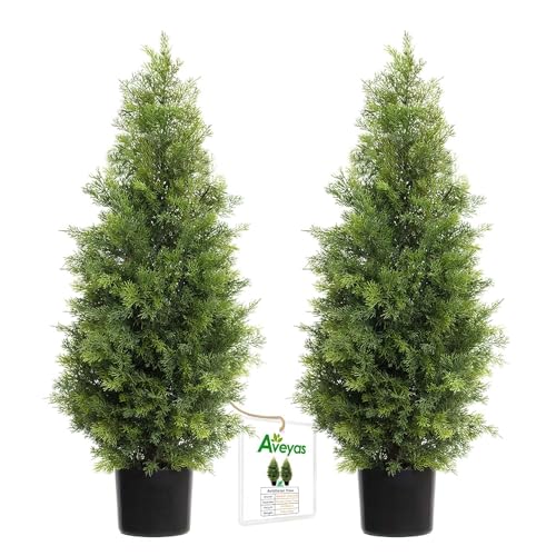 Product: Aveyas 3ft Artificial Cedar Topiary Trees for Outdoor Front Porch Door, 3 Feet Faux Potted Plants Evergreen Fake Pine Cypress Tree for Outside Home Decor (3 ft Tall) - Set of 2 Pack