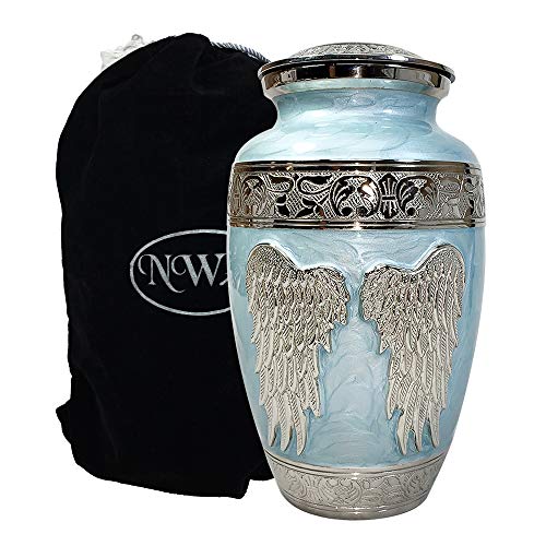 Product: Blue Angel Funeral Cremation Urn, Brass Large Angel Wings Urn with Custom Engraving