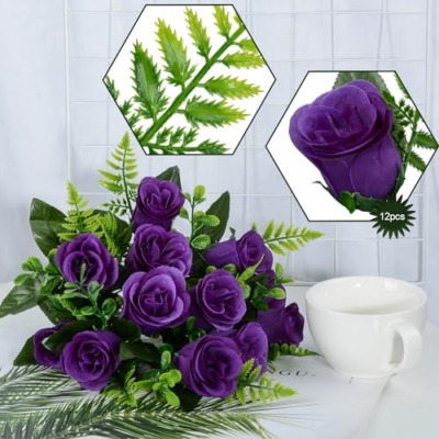 Product: SIFOEL Artificial Rose Flowers Bouquet Realistic Silk Rose Fake Flowers for Wedding Home Centerpiece Party Cemetery Grave Decoration (4, Purple)