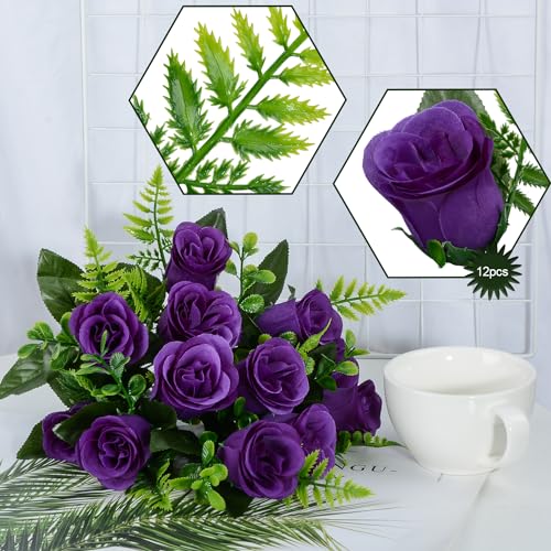 Product: SIFOEL Artificial Rose Flowers Bouquet Realistic Silk Rose Fake Flowers for Wedding Home Centerpiece Party Cemetery Grave Decoration (4, Purple)