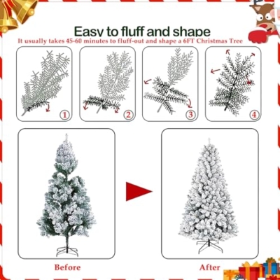 Silky Flower Store Fenbeli Flocked Christmas Tree, 6ft Artificial Snow Xmas Tree, 1000 Branch Tips, Metal Hinges, Foldable Base, 6ft 15 15 Product: Fenbeli 6ft Flocked Christmas Tree, Premium Artificial Snow Xmas Tree with 1000 Branch Tips, Metal Hinges & Foldable Base for Home, Office and Party Decoration