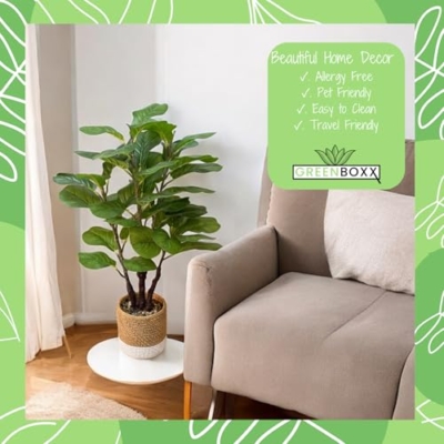 Product: GreenBoxx 35" Artificial Fiddle Leaf Fig Tree Faux Plant - Green Fake Boho Ficus Plants - 45 Leaves Large Cement Pot for Home Decor, Office, Store, Indoor/Outdoor Natural Floor Trees Fake Plant