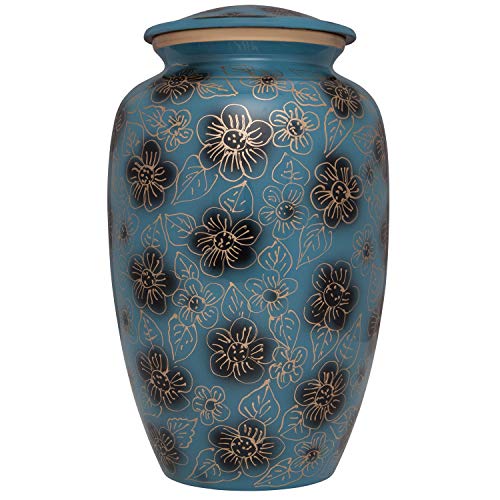 Silky Flower Store Blue Elephant Floral Funeral Urn, Spiritual Aluminum Adult Ashes Memorial, Large Size 32.5cm 5 5 Product: Blue Funeral urn with Elephant - Floral Spiritual Indian Design - Cremation Urn for Human Ashes - Aluminum -Suitable for Cemetery Burial or Niche - Large Size fits Remains of Adults up to 200 lbs